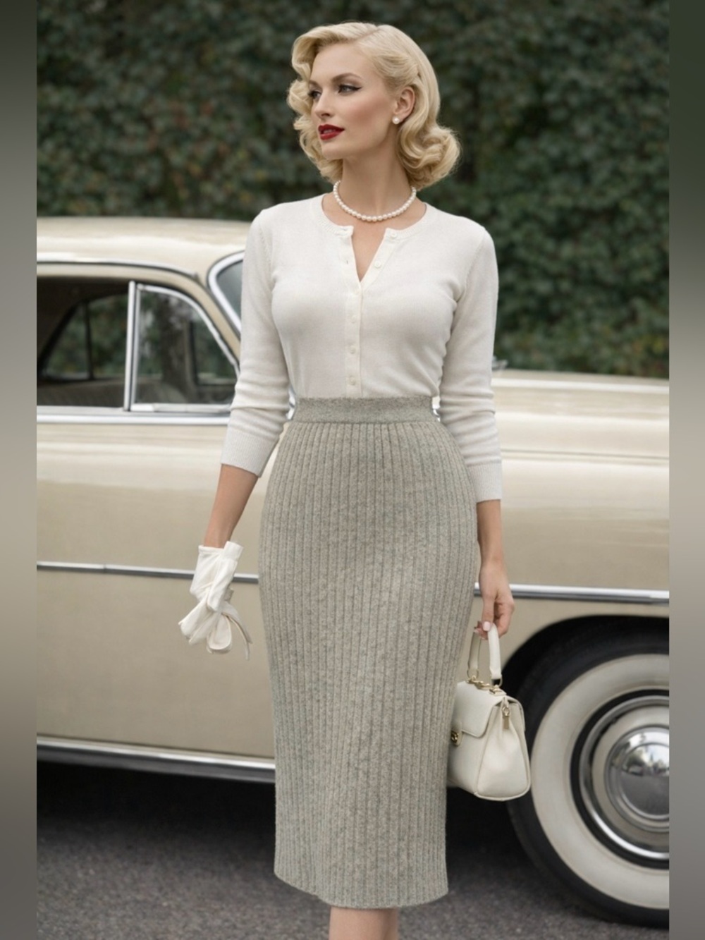 Club Monaco Light Grey Ribbed Midi Knit Skirt